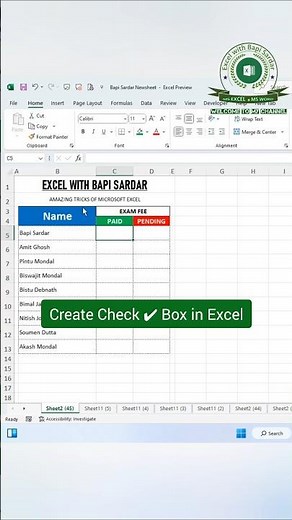Create Check ✔️ Box in Excel! #MicrosoftExcel #ExcelTips #devoloper #OfficeTips #Spreadsheet