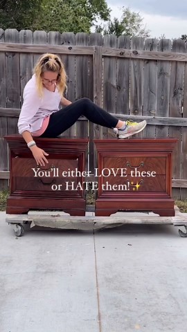 Michelle McRae on Instagram: "DETAILS👇🏽 These Drexel nightstands were begging for a modern makeover. I removed the bulky moulding that dated them. Then I built a new modern base). I gave them a faux wood finish and voila! Let me know what you think! For full process and products used, comment “details” and I’ll send them to you. (links earn commissions) #nightstandmakeover #oldtonewfurniture"