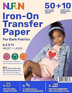 NuFun Activities Printable Iron-on Heat Transfer Paper for T Shirts, Dark Fabrics, 50 Sheets 8.5 x 11 inch, Long Lasting, Durable, Professional Quality, Easy DIY, Non-Toxic, Made in the USA
