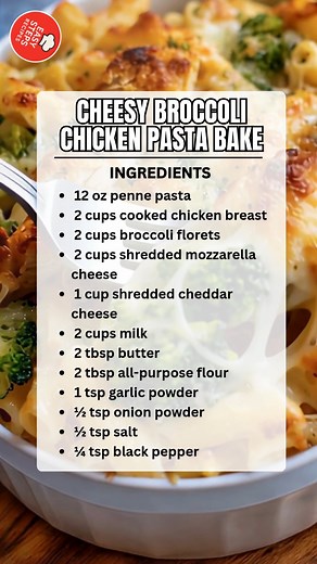 Cheesy Broccoli Chicken Pasta Bake 🧀🥦 Ingredients 12 oz penne pasta 2 cups cooked chicken breast 2 cups broccoli florets 2 cups shredded mozzarella cheese 1 cup shredded cheddar cheese 2 cups milk 2 tbsp butter 2 tbsp all-purpose flour 1 tsp garlic powder ½ tsp onion powder ½ tsp salt ¼ tsp black pepper Serves: 5 Dish Size: Medium Baking Dish (9x13 inch) How to Make: Preheat oven to 375°F (190°C). Boil penne pasta in salted water at 212°F (100°C) until al dente, about 8–10 minutes. Drain well 
