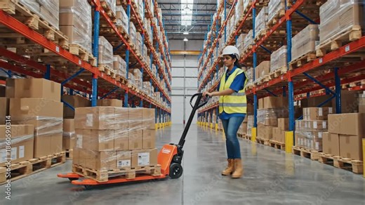Worker moves palletized cargo in warehouse distribution center
