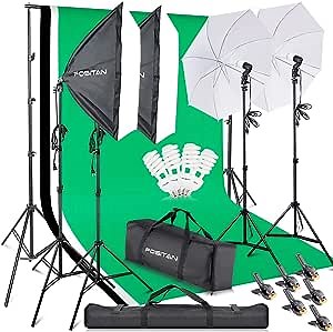 FOSITAN 2.8M x 3M/9.2ft x 9.8ft Photo Backdrop Stand kit Photography Softbox Lighting Kit Photo Lighting Studio kit Background Support System 800W 5500K Umbrella with 2M Stand for Photo Video Shooting