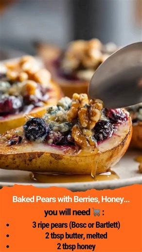 Baked Pears with Berries, Honey, Walnuts & Blue Cheese Ingredients : 3 ripe pears (Bosc or Bartlett), halved and cored 2 tbsp butter, melted 2 tbsp honey ½ cup fresh mixed berries (blueberries, raspberries, or cranberries) ¼ cup chopped walnuts (lightly toasted) ¼ cup crumbled blue cheese or gorgonzola ½ tsp cinnamon Fresh thyme leaves (optional, for garnish) Instructions : - Preheat: Heat oven to 375°F (190°C) and line a small baking dish. - Slice: Halve pears lengthwise, scoop cores, and trim 