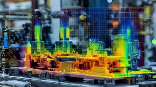 Thermal imaging screen displays heat patterns on industrial components as AI software highlights potential defects in realtime inspection.
