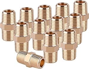 KOOTANS 12pcs Brass Pipe Fittings 1/4 NPT x 1/4 NPT Male to Male Solid Brass Hex Nipple NPT Adapter Pipe Fitting Equal Nipple Connector