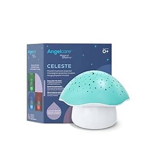 Angelcare Celeste Musical Mushroom Night Light Baby Projector - Sleep Soother with Adjustable Volume Lullabies, White Noises, 3 Night Light Colors, and Cry Sensor Detector