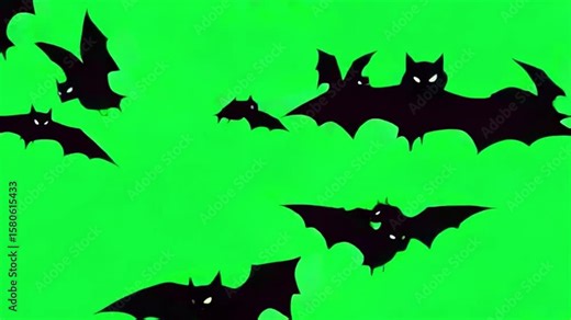 Halloween Bats on Green Screen: A collection of black bat silhouettes of varying sizes are arranged dynamically against a vibrant green screen.