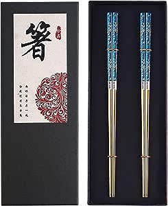 Metal Chopsticks Titanium Plated Stainless Steel Chopsticks Reusable Dishwasher safe Japanese Korean Chopstick lightweight Laser Engraved Anti-slip Chop sticks for Eating 2 Pairs Gift Set Blue Gold