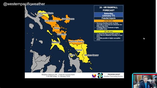 Still tracking this borderline tropical storm in the Philippine Sea. Tropical Depression ADA looks a bit more organized today as it remains off the east coast of Mindanao and the Visayas. It is likely to become a tropical storm as it drifts northward, passing just offshore of eastern Samar, where heavy rainfall is expected along the eastern seaboard. This system is slow-moving and is expected to linger through early next week. While the center stays offshore, rain will continue to be pumped onsh
