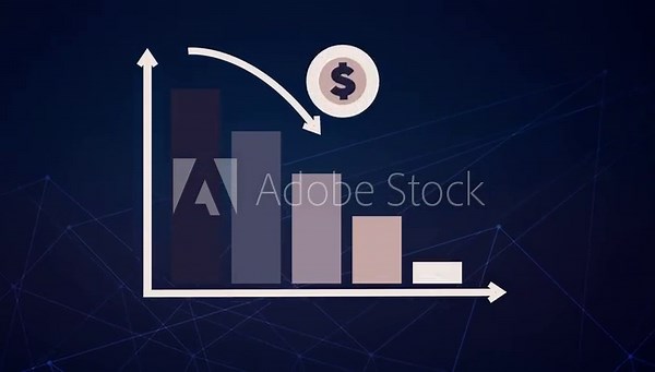 3D animation of going downward bar chart falling stock index Graph arrow showing fluctuate trend Tickers Changing Motion Background decline decrease losses