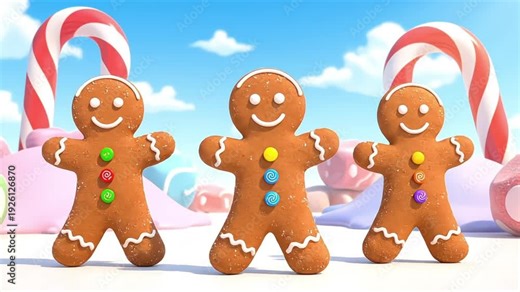 3D Animation of Three Gingerbread Men Dancing in a Whimsical Candy Land Winter Wonderland