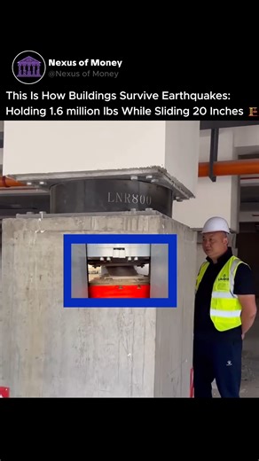 money nexus on Instagram: "Most people assume skyscrapers are built to be rigid, but in an earthquake, rigidity is exactly what destroys them. 🏗️📉 This system is called Base Isolation, and it’s essentially a shock absorber for an entire building. The massive bearing you see here effectively "decouples" the structure from the ground. When an earthquake hits, the foundation shakes violently with the earth, but these isolators allow the building above to remain relatively stationary, sliding up t