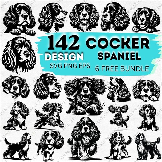 Cocker Spaniel SVG Bundle PNG EPS Pack, Cute Dog Clipart Collection, Puppy Cricut Silhouette Cutting Files