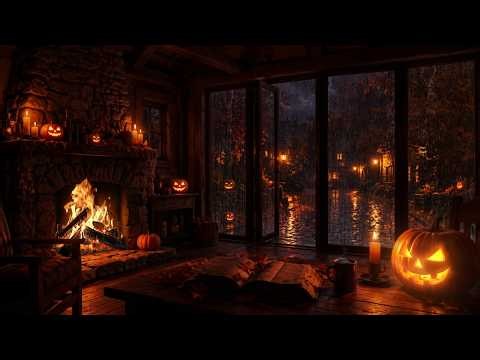 Cozy Autumn Village Halloween Ambience🎃💦NO ADS | Rain Sounds🔥Relaxing Warm Fireplace Night