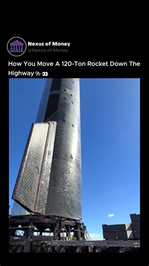 money nexus on Instagram: "This is what peak technology and ambition look like on the ground. You're watching a 120-ton SpaceX Starship vehicle being carefully moved at Starbase, Texas. This massive spacecraft is the upper stage of the world's most powerful rocket, designed by Elon Musk's team to take humanity to the Moon, Mars, and beyond. Every piece of this operation, from the Starship itself to the specialized transporter, represents a huge leap in space exploration. What an incredible feat 