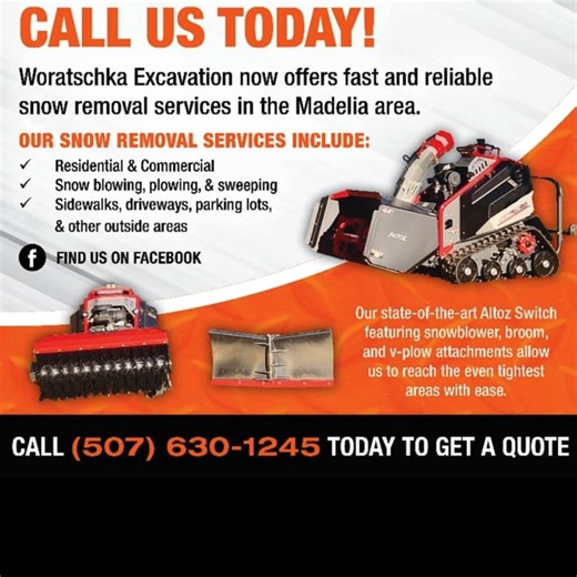 Reliable. Local. Ready for winter. ❄️ Woratschka Excavation is proud to offer snow removal services to keep you safe and moving. ✔Residental & Commercial ✔Snow blowing, plowing & sweeping ✔Sidewalks, driveways & parking lots Contact them for seasonal or on-call service (507) 630-1245! | Madelia Area Chamber of Commerce & Visitors Bureau | Facebook