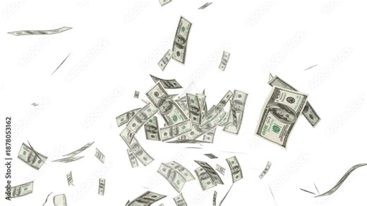 Falling Money on a white color background for overlay. realistic money rain overlay for finance, us currency falling down animation.