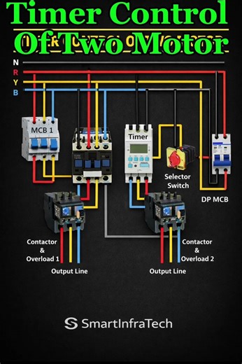 Timer Control of Two Motors Wiring Diagram | Complete Electrical Connection Tutorial