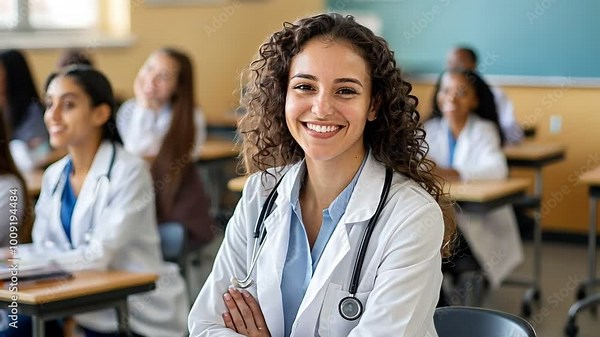 A medical student wearing a white coat and stethoscope beams with joy while seated in a classroom filled with peers during interactive learning session