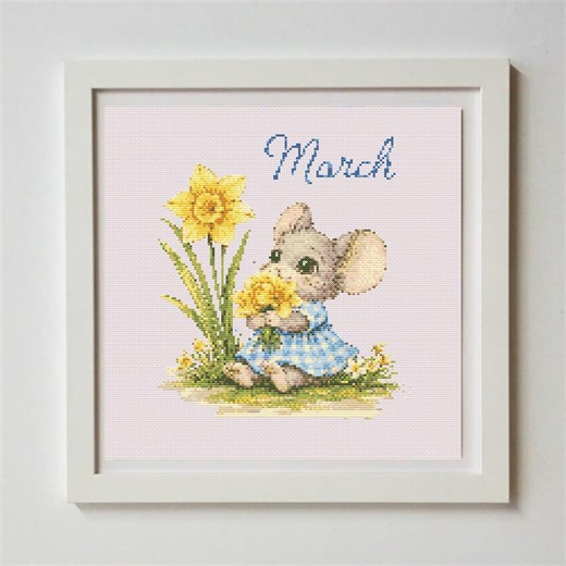 Spring Mouse Cross Stitch Pattern, Woodland Daffodil Embroidery, Cottagecore Decor (digital PDF Download) - Etsy