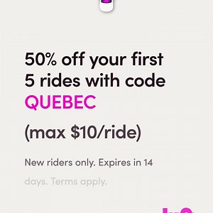 Lyft is now available in Quebec. Code: QUEBEC. 50% off first 5 rides, up to $10/ride. New riders only. Terms apply. | Lyft