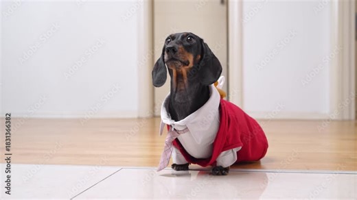A black and tan dachshund wearing a red and white outfit with a collar stands alert on a tile and wood floor inside a home with white doors and neutral walls behind eagerly stamps his paw and wags his