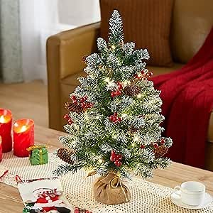 24 Inch Tabletop Mini Snow Christmas Tree, Artificial Mini Xmas Pine Tree with LED String Lights and Ornaments (Green)