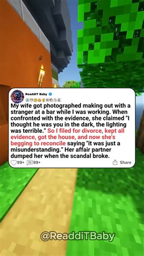 8.3K views · 84 reactions | My wife got photographed making out with a stranger at a bar while I was working. When confronted with the evidence, she claimed "I thought he was you in the dark, the lighting was terrible." So I filed for divorce, kept all evidence, and now she's begging to reconcile saying "it was just a mistake. #redditstories #redditreadings | ReaddiT Baby | Facebook