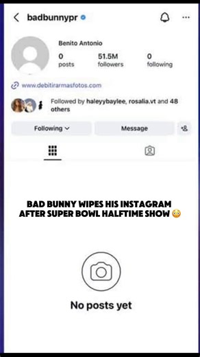 Shortly after the Super Bowl halftime show, fans discovered that Bad Bunny’s Instagram had been cleared of all content. While there’s no confirmation of an investigation or external action, the sudden wipe has sparked speculation online — especially given how closely artists’ social media moves are watched after major performances. Artists have previously cleared their pages ahead of new eras, albums, or announcements l but the timing has definitely raised eyebrows. As of now, no official explan