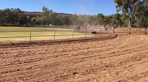 And they're off! Rachel and her camel Nugget have taken out the top prize in the 2017 Camel Cup. | ABC Alice Springs