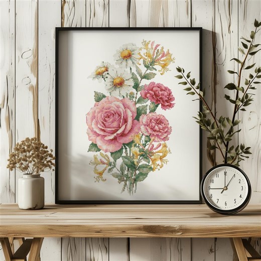 Counted Cross Stitch Pattern With Floral Bouquet, Mother's Day Cross Stitch Pdf, Spring Embroidery Pattern, Flower Cross Stitch Chart - Etsy