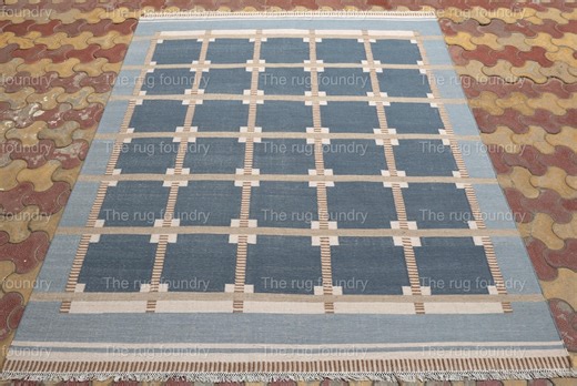 Hand Woven Flatweave Rug 8x10 Blue Grid Pattern Modern Minimalist Wool Area Carpet - Etsy
