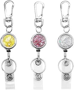 bolimoss 3 Pack Retractable ID Badge Reels with Glittery Shiny Design, Key Ring and Belt Clip,Sturdy Retractable Rope for Office Workers, Nurses, Teachers, Students (Golden, Pink, Silver)
