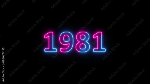 Glowing neon 1981 year text looped animation on black background. Abstract 1981 neon text animation, Blue and pink text concept of counting years.