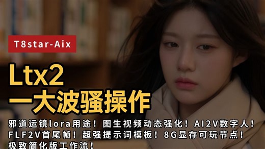 Ai动画206-Ltx2一大波新操作！邪道运镜lora用途！AI2V数字人！FLF2V首尾帧！超强提示词模板！8G显存可玩节点！极致简化版工作流！Comfyui