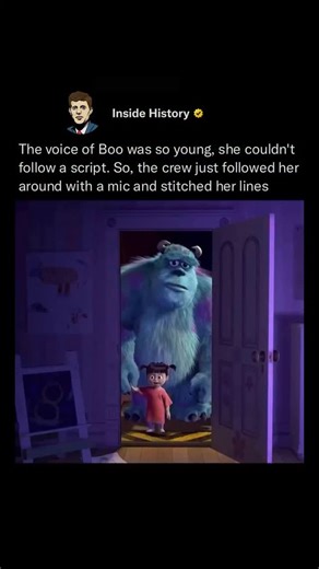 390K views · 278 reactions | The voice of Boo was so young that she couldn’t follow a script. Instead, the crew recorded her as she played, talked, and made sounds naturally—then pieced together her lines from those real moments to create her character! #history #reels #monstersinc #animation #trending | Inside History | Facebook