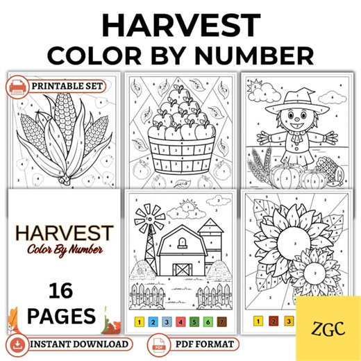 Harvest Color By Number Printable Worksheets | Fun Fall Coloring Pages for Kids