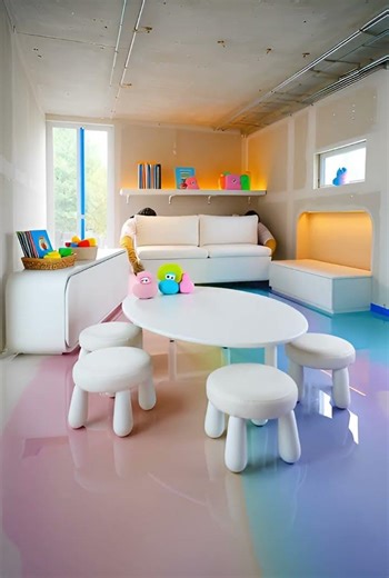 Rainbow poxy Floor Kids PlayroomTranstormation