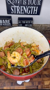 Green Beans with Shrimp, Sausage, and Bacon #shrimp #sausage #bacon #greenbeans #onepotmeal #comfortfood #lowcarb #southernfood #easyrecipes #homemadefood | Recipes With Scotty