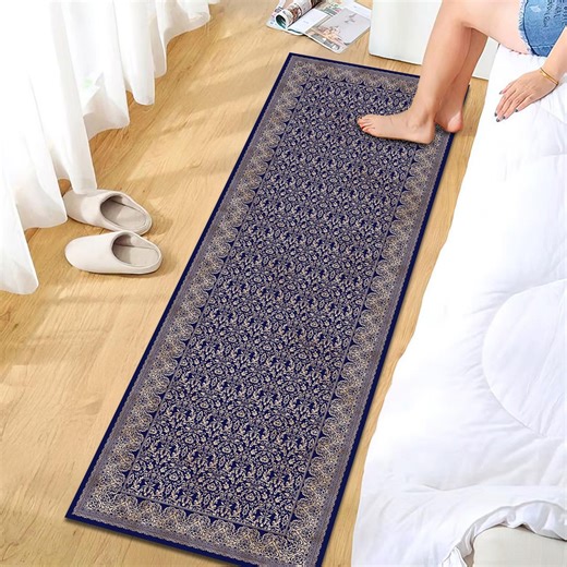 Traditional Blue Runner Rug Gold Damask Pattern Bedside Carpet - Etsy