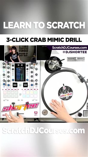 DJ Shortee 🎧 Shannon Ames on Instagram: "SCRATCH WITH ME! 😻 Let's rock this 3-click CRAB practice routine together! 🦀 ⁠ 🎼 This is a 2-BAR Q&A MIMIC DRILL — I scratch for 2 bars & then you copy me for 2 bars. Easy peasy! ⁠ ♾️ Loop this video for a few rounds to master the 3-click CRAB patterns in this mini practice sesh!⁠ ㅤ 🥁⁣⁠ Beat: "Visions'" by @DJFaustpix & @DJShortee 💿 Scratch Sample: Ahhhhhhh ⤵️ Get this Beat + Scratch Sample for FREE: 👉 ScratchDJToolkit.com ⁠ Got more time to practi