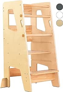 OCODILE Toddler Standing Tower - Adjustable Height Toddler Kitchen Stool Helper - Ideal Kids Kitchen Step Stool for Learning New Skills - Extra Secure with Safety Feet - Varnished