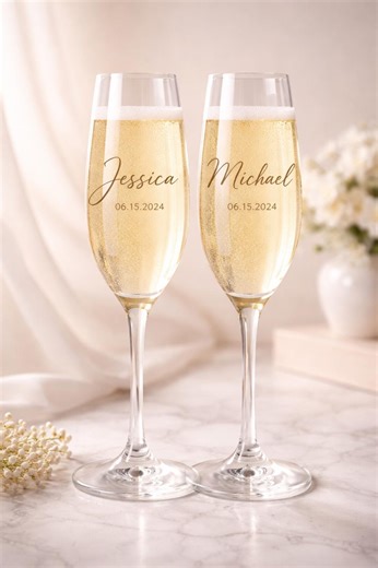 Custom Champagne Glass, Personalized Wedding Flutes, Engraved Name Glasses, Bride and Groom Gift, Anniversary Keepsake - Etsy