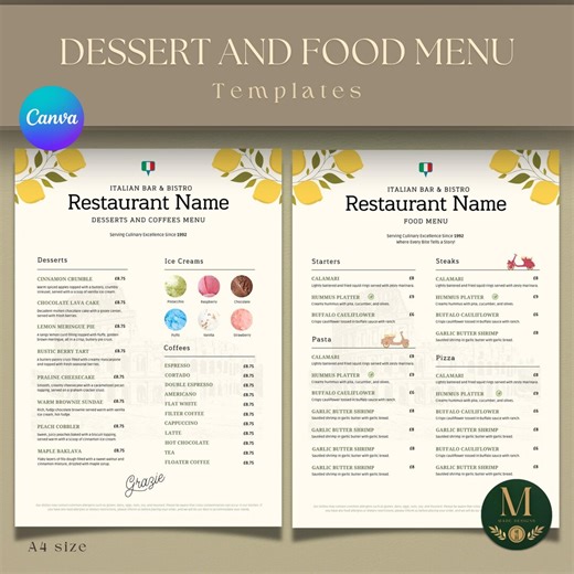 Italian Restaurant Menu Template, A4 Size, Editable Canva (Digital Download)