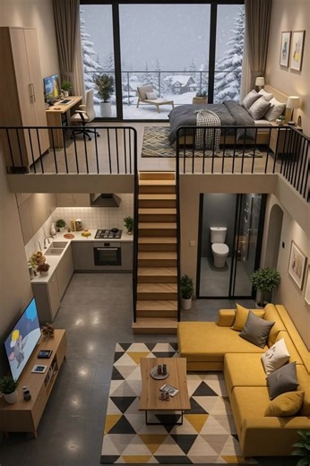 Cozy Winter Loft: A modern two-level loft with warm interiors, large windows, and a snowy forest view blending comfort and style. #modernloft #cozyhome #winterview #scandinavianstyle #minimalinterior