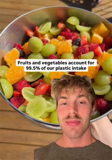 Fruits and vegetables make up 99.5% of the plastic you consume A meta-analysis of 193 studies by the University of Amsterdam found that produce and grains account for nearly all of the 50,000 microplastic particles adults now ingest every day That number is up 500x from estimates just a few years ago A study in the New England Journal of Medicine found microplastics embedded inside arterial plaques of heart patients. Those with plastics in their arteries were 4x more likely to suffer a heart att