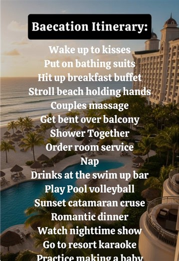 POV: You and bae finally get that couples vacation you've been dreaming about 💕 Wake up to kisses ✅ Couples massage ✅ Sunset cruise ✅ Practice making a baby ✅ Fall asleep cuddling ✅ This is what relationship goals look like in paradise 🏝️ Who's your baecation partner? Tag them! 👇 #Baecation #CouplesTravel #RelationshipGoals #RomanticGetaway #CouplesGoals #TravelTogether #Love #Marriage #CouplesVacation #Paradise #Romance #fyp