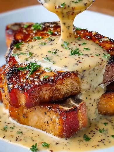 33K views · 58 reactions | Maple Bacon Pork Chops with Dijon Mustard Cream Sauce Ingredients: 4 bone-in pork chops (about 1 inch thick) 4 slices of bacon, chopped 1 tablespoon olive oil Salt and pepper, to taste 1/2 cup maple syrup ...... Full Recipe in Coʍmеոτ  | American Recipes | Facebook
