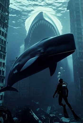 廃墟都市の水中…クジラの後ろから巨大怪獣が浮上 | In submerged ruins… Massive monster rises behind the whale…