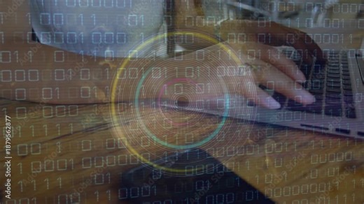 Woman typing laptop activating binary grid and pulsing HUD, entering data for tech, smartphone idle